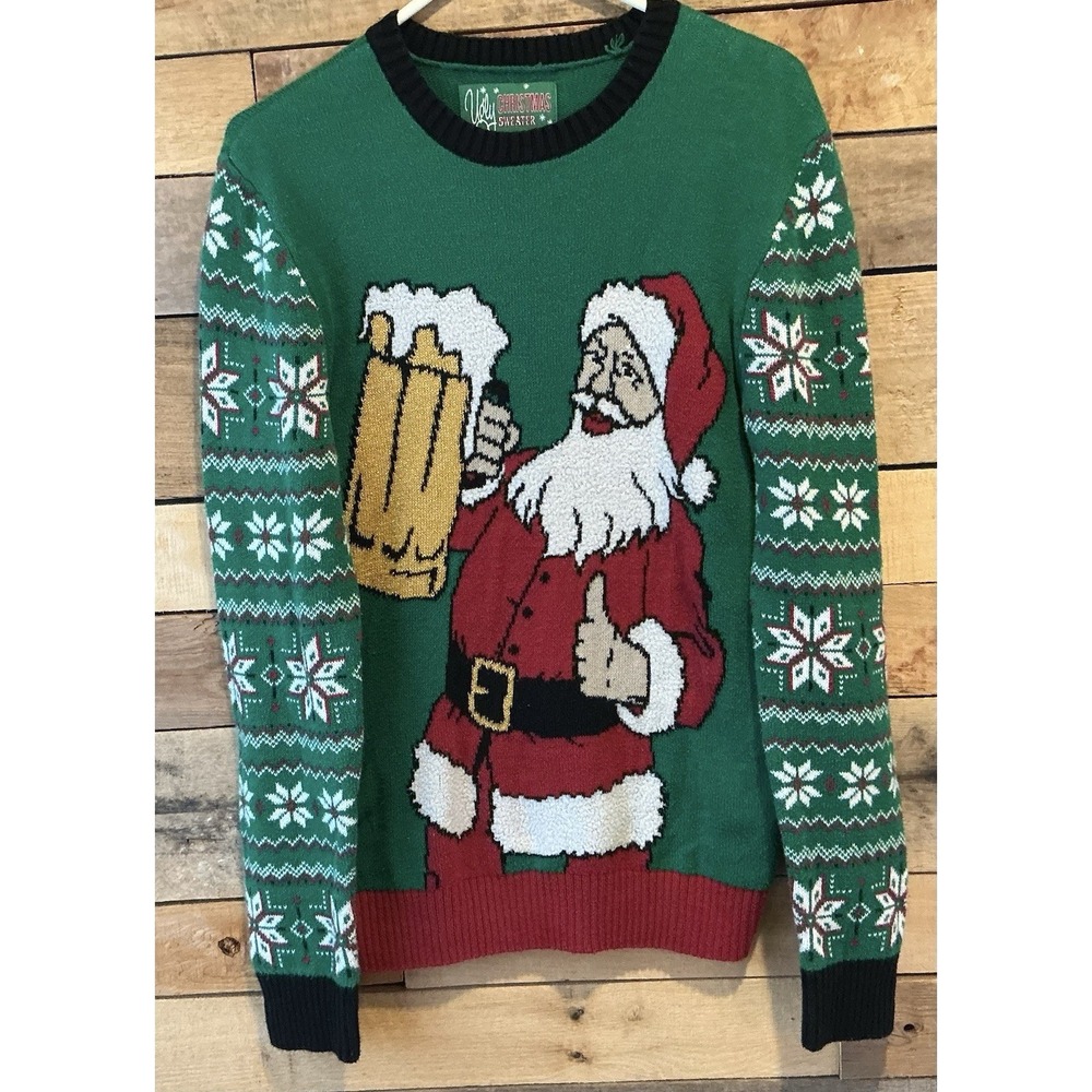 UGLY‎ CHRISTMAS SWEATER Women S Santa Holding Beer Graphic Soft Cozy Holiday